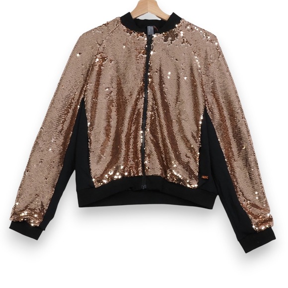Sweaty Betty Jackets & Blazers - Womens Sequin Bomber Jacket Medium Rose Gold Bachelorette Festival Glam NWT